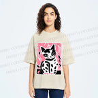 Unisex Vintage Pink Cat Printed Washed Tee