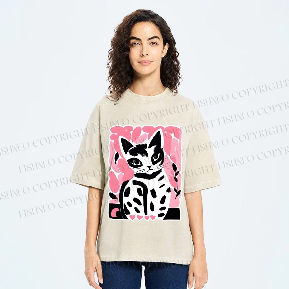 Unisex Vintage Pink Cat Printed Washed Tee