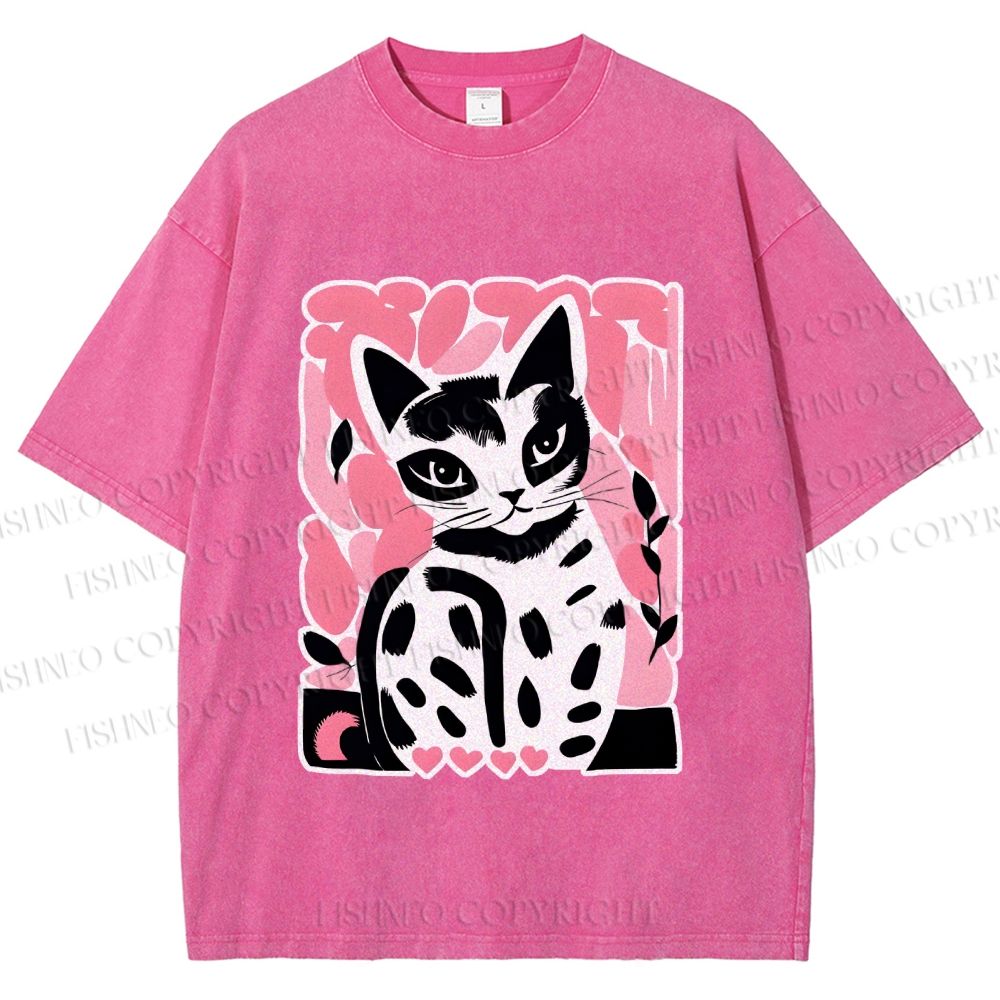 Unisex Vintage Pink Cat Printed Washed Tee