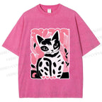 Unisex Vintage Pink Cat Printed Washed Tee