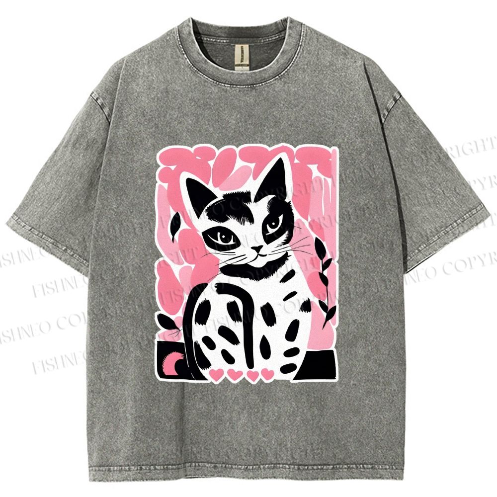 Unisex Vintage Pink Cat Printed Washed Tee