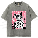 Unisex Vintage Pink Cat Printed Washed Tee