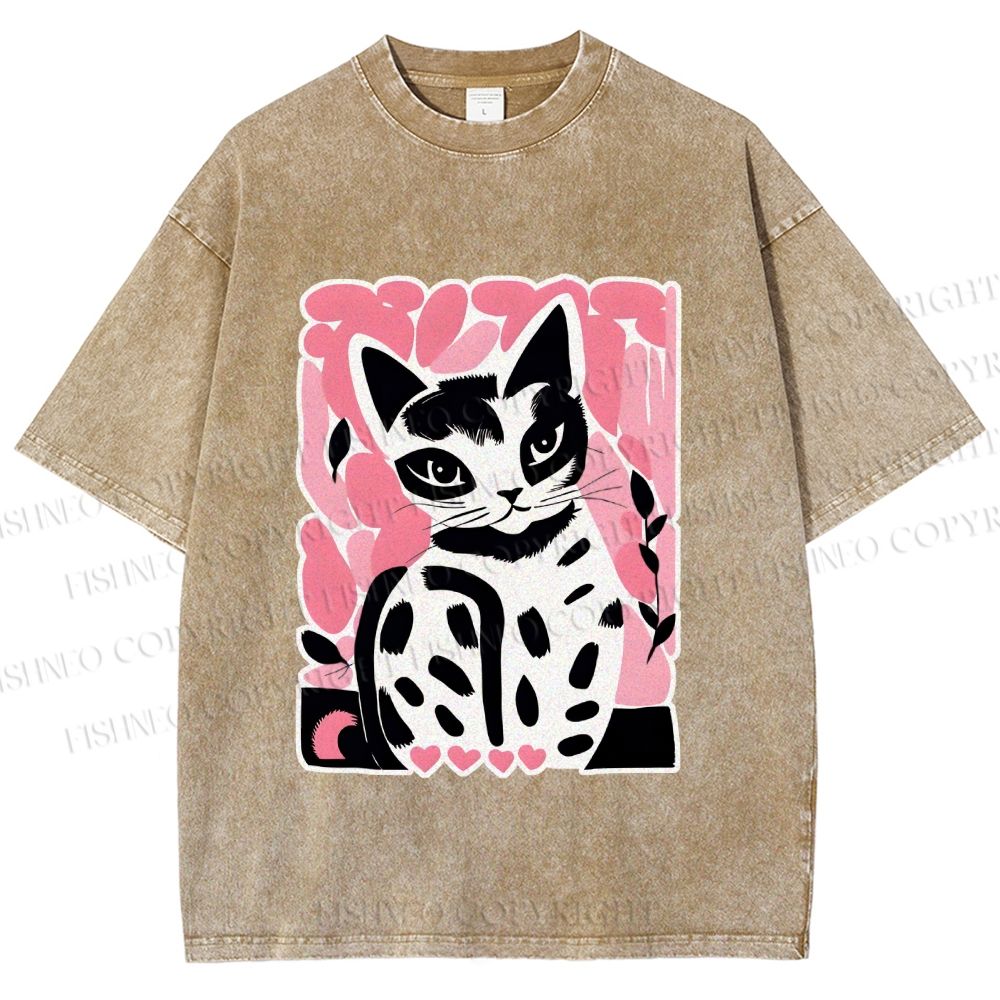 Unisex Vintage Pink Cat Printed Washed Tee
