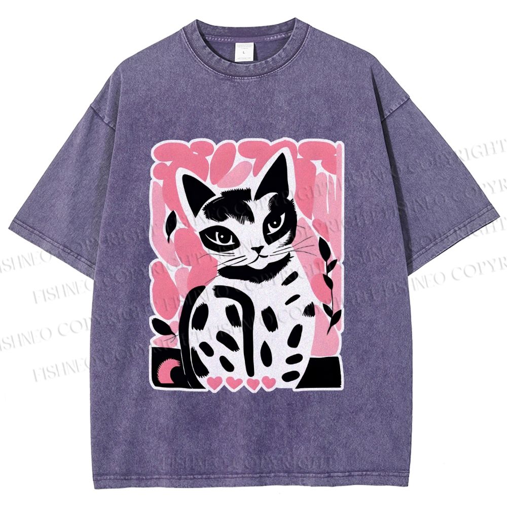 Unisex Vintage Pink Cat Printed Washed Tee