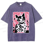 Unisex Vintage Pink Cat Printed Washed Tee