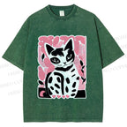 Unisex Vintage Pink Cat Printed Washed Tee