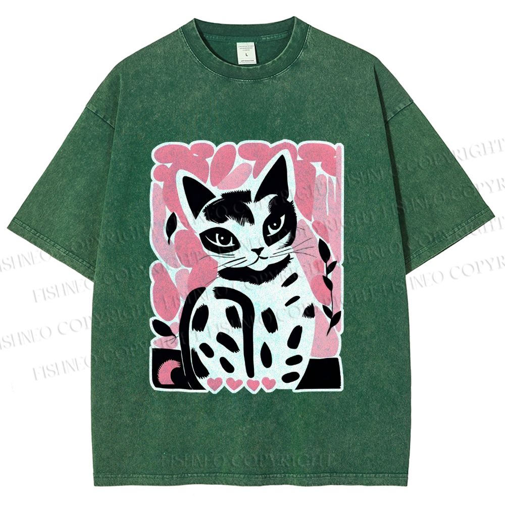 Unisex Vintage Pink Cat Printed Washed Tee