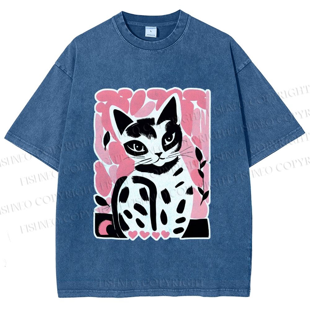 Unisex Vintage Pink Cat Printed Washed Tee