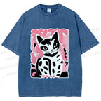 Unisex Vintage Pink Cat Printed Washed Tee