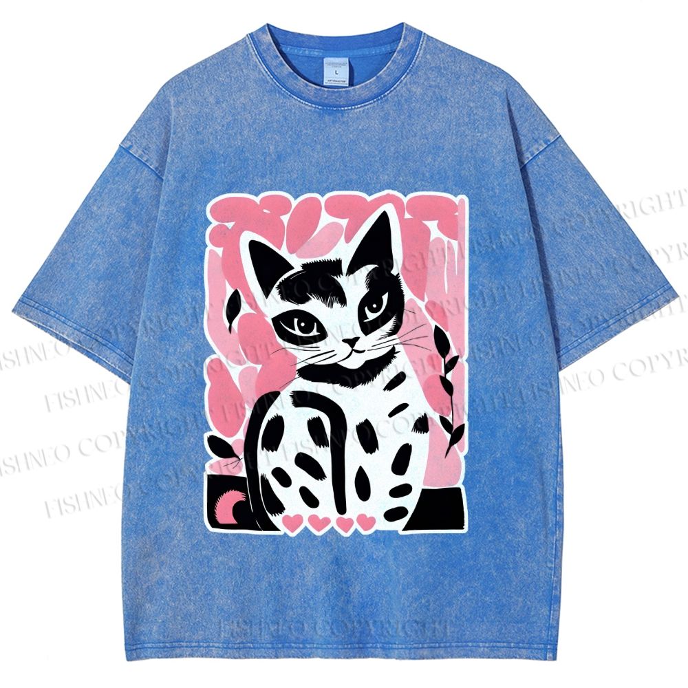 Unisex Vintage Pink Cat Printed Washed Tee