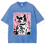 Unisex Vintage Pink Cat Printed Washed Tee