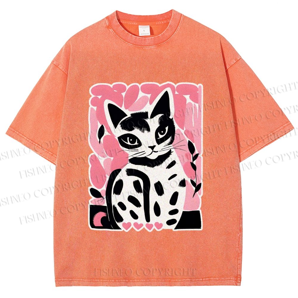 Unisex Vintage Pink Cat Printed Washed Tee