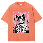 Unisex Vintage Pink Cat Printed Washed Tee