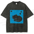 Unisex Blue Cat Napping Printed Washed Tee