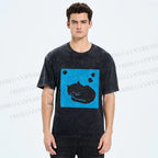 Unisex Blue Cat Napping Printed Washed Tee