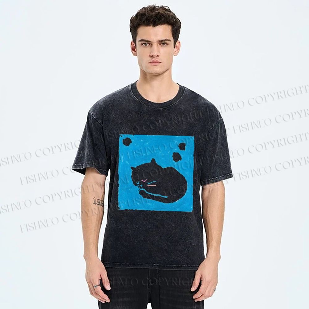 Unisex Blue Cat Napping Printed Washed Tee