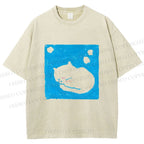 Unisex Blue Cat Napping Printed Washed Tee