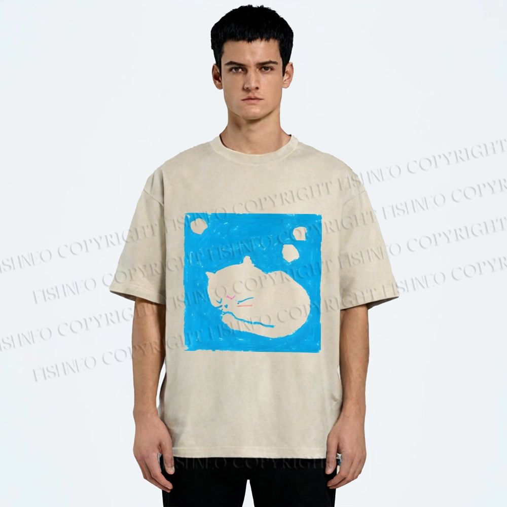Unisex Blue Cat Napping Printed Washed Tee