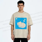 Unisex Blue Cat Napping Printed Washed Tee