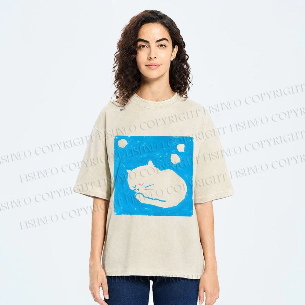 Unisex Blue Cat Napping Printed Washed Tee