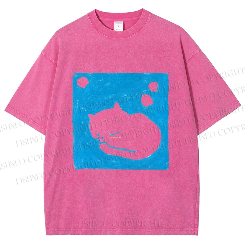 Unisex Blue Cat Napping Printed Washed Tee