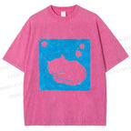 Unisex Blue Cat Napping Printed Washed Tee
