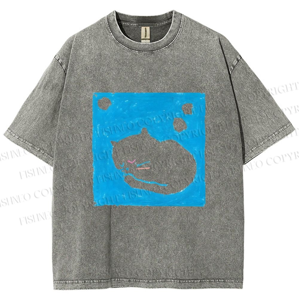 Unisex Blue Cat Napping Printed Washed Tee