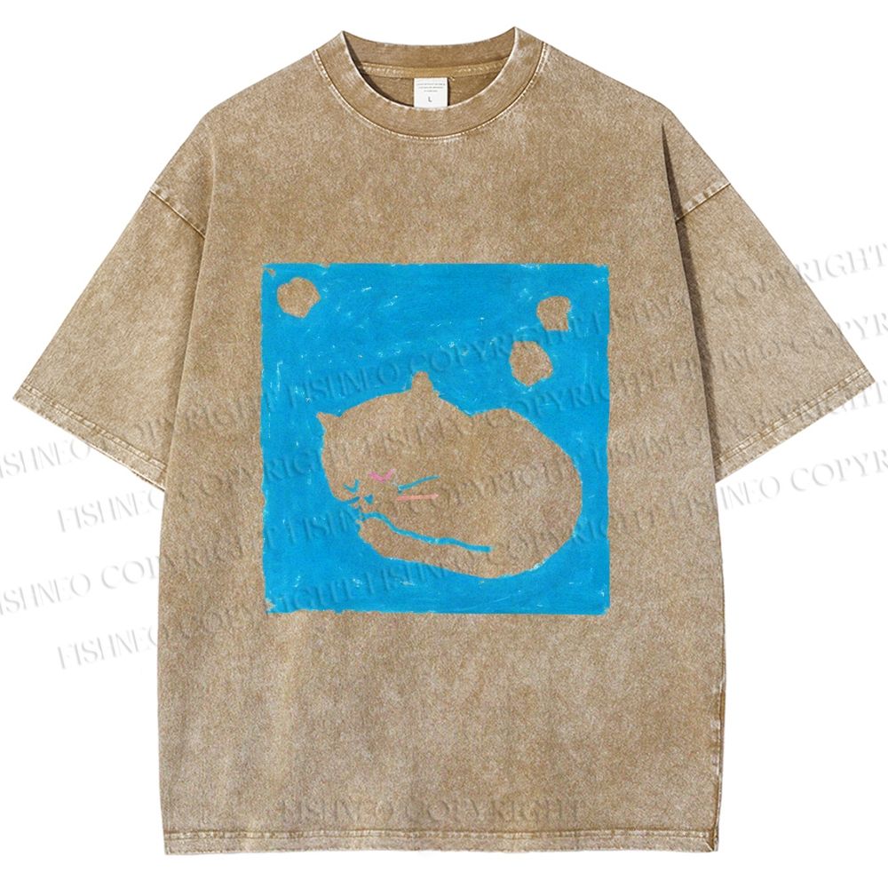 Unisex Blue Cat Napping Printed Washed Tee