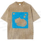 Unisex Blue Cat Napping Printed Washed Tee