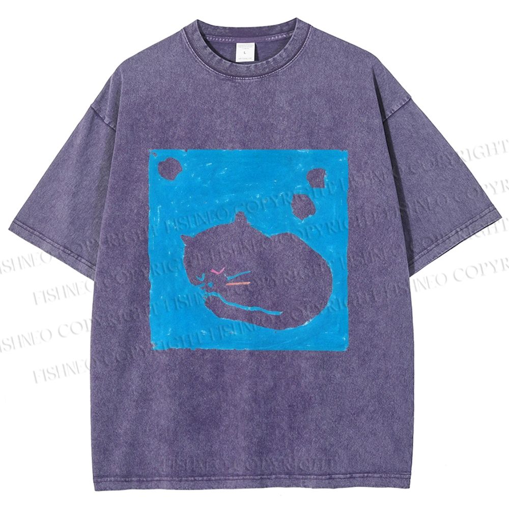 Unisex Blue Cat Napping Printed Washed Tee