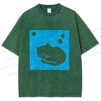 Unisex Blue Cat Napping Printed Washed Tee