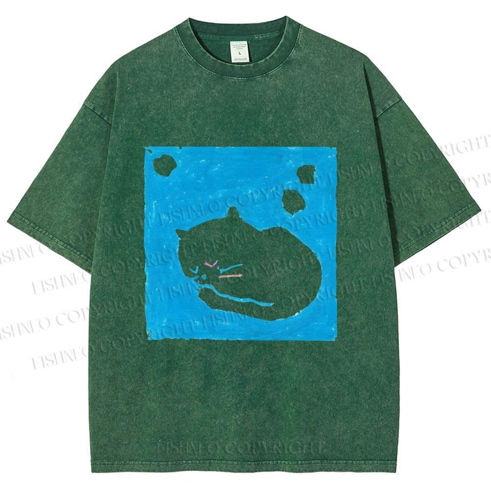 Unisex Blue Cat Napping Printed Washed Tee