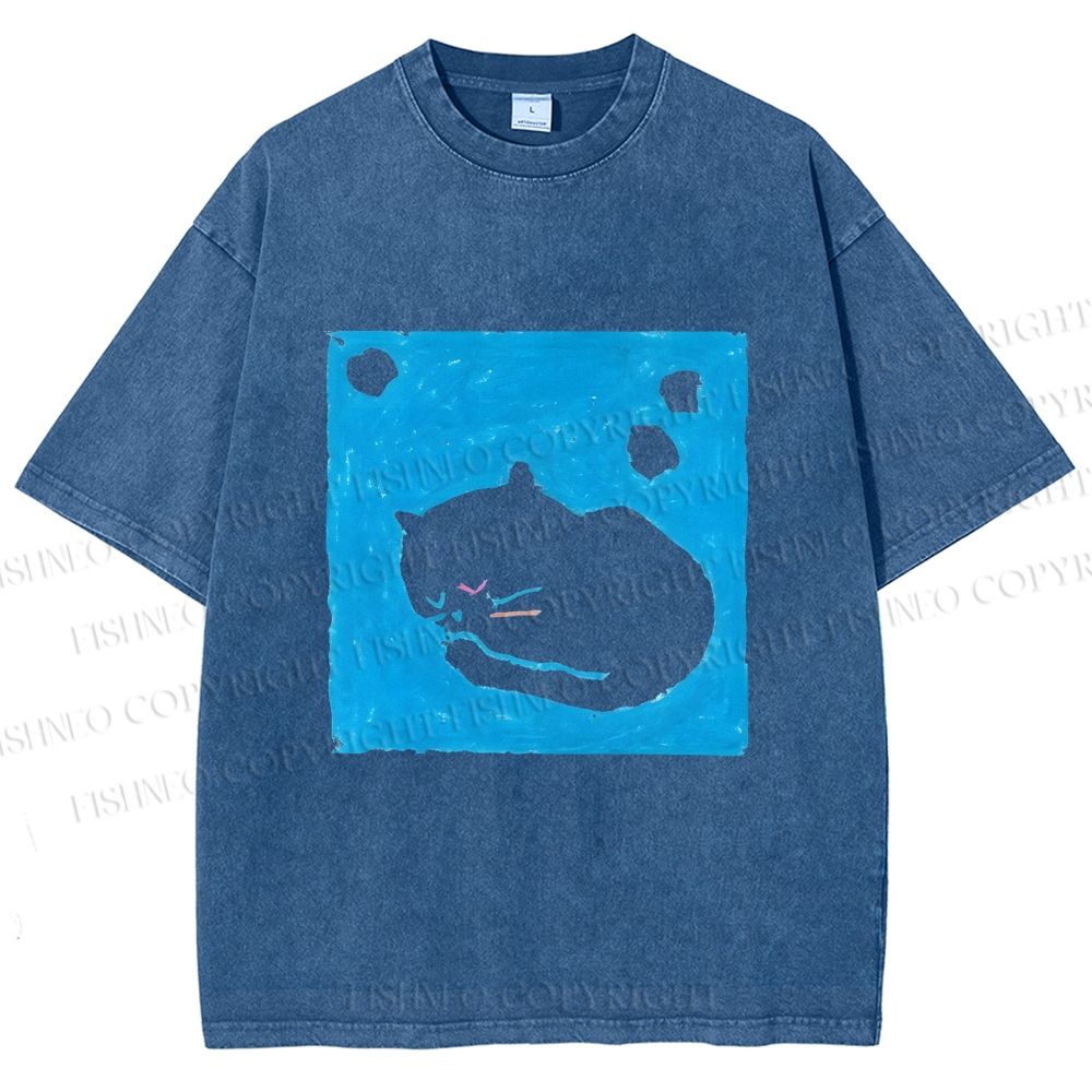 Unisex Blue Cat Napping Printed Washed Tee