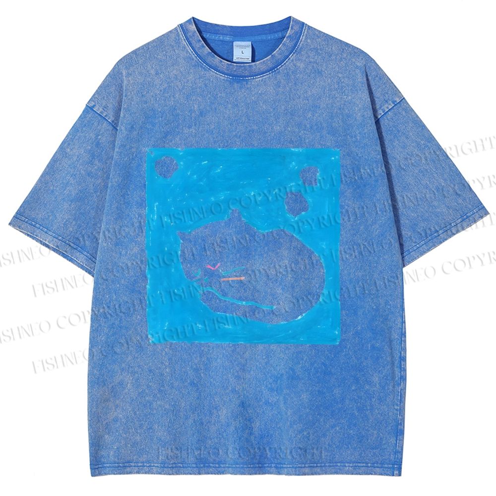 Unisex Blue Cat Napping Printed Washed Tee