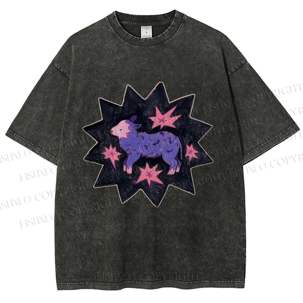 Unisex Purple Sheep Printed Washed Tee