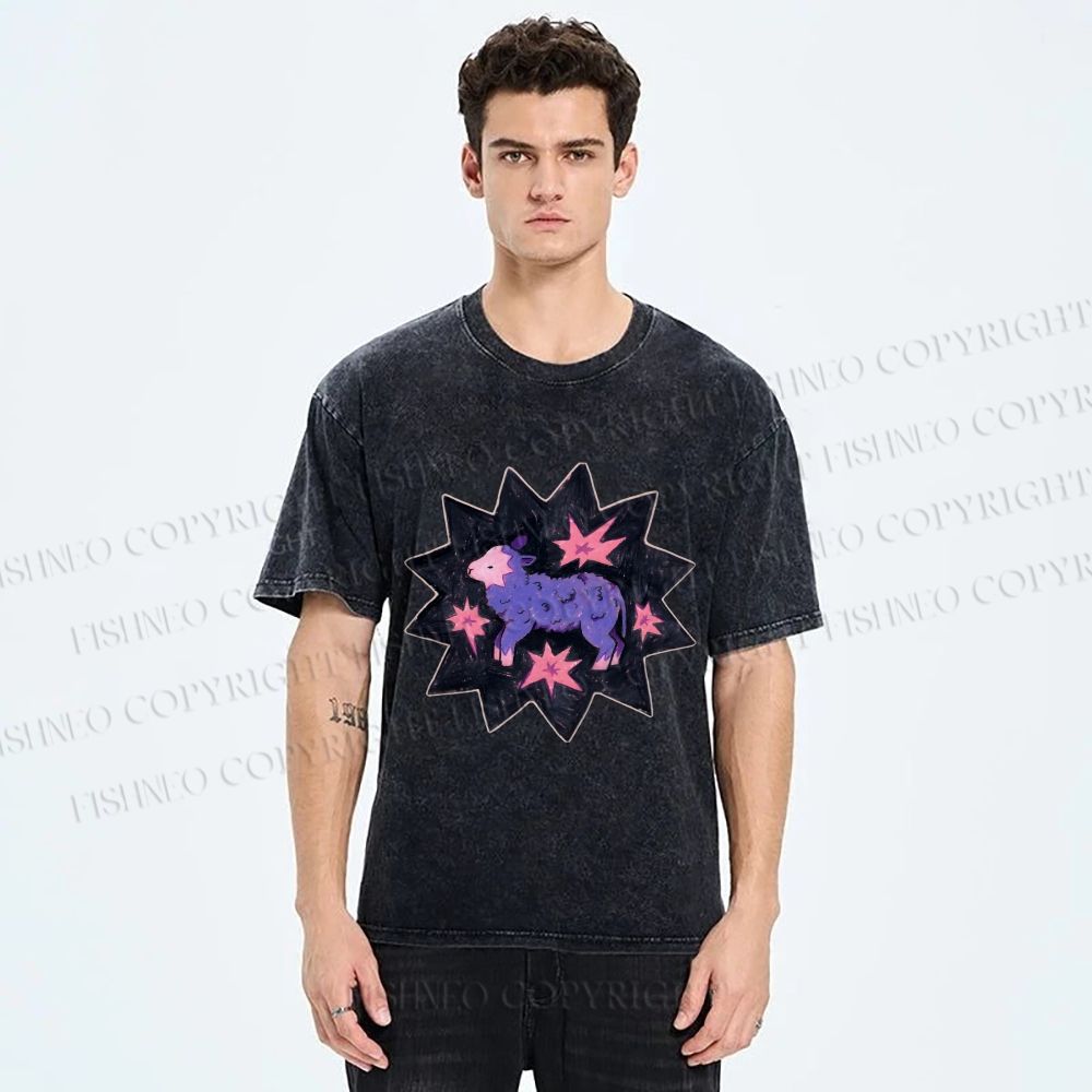 Unisex Purple Sheep Printed Washed Tee