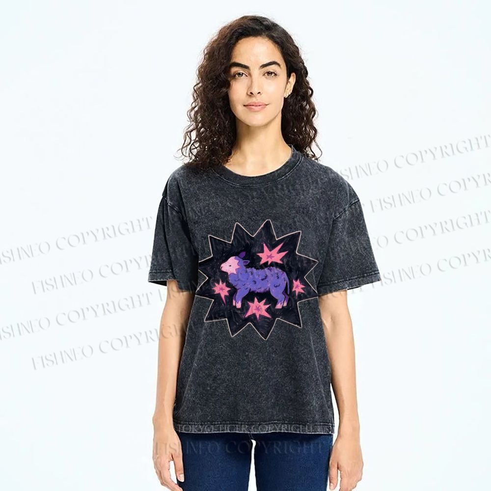 Unisex Purple Sheep Printed Washed Tee