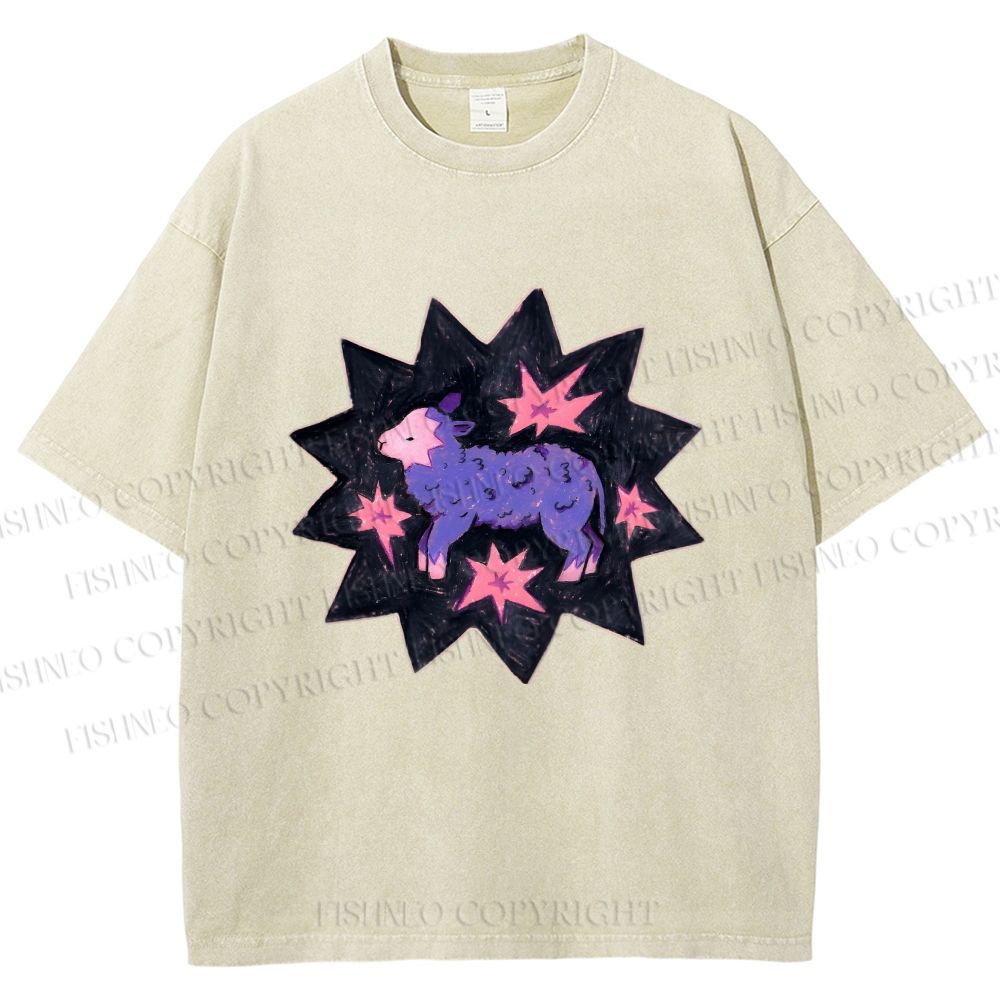 Unisex Purple Sheep Printed Washed Tee