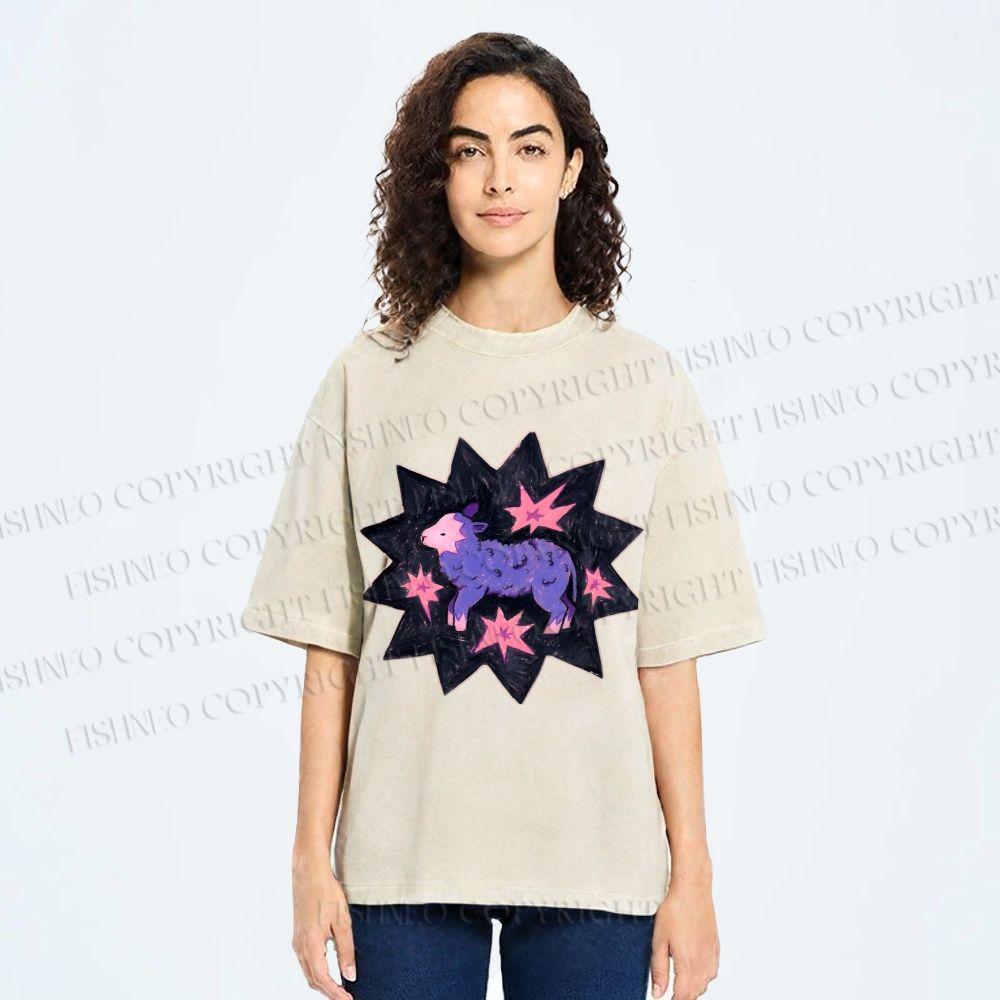 Unisex Purple Sheep Printed Washed Tee