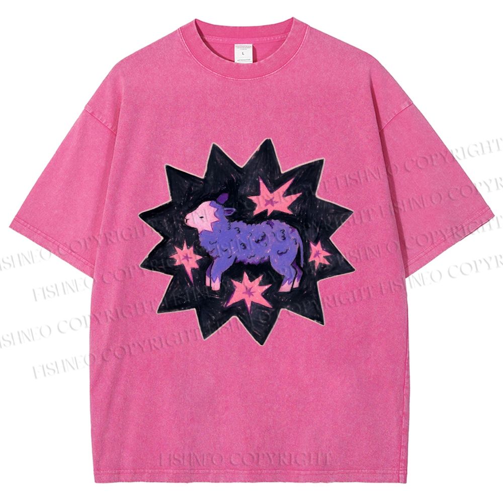 Unisex Purple Sheep Printed Washed Tee