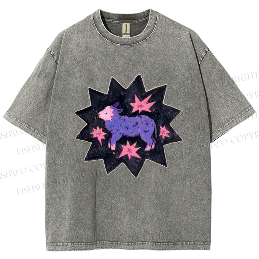 Unisex Purple Sheep Printed Washed Tee