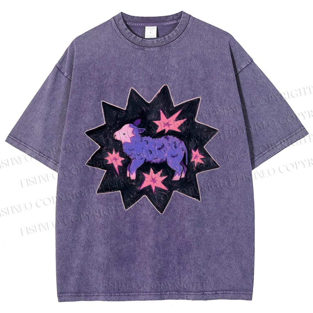 Unisex Purple Sheep Printed Washed Tee