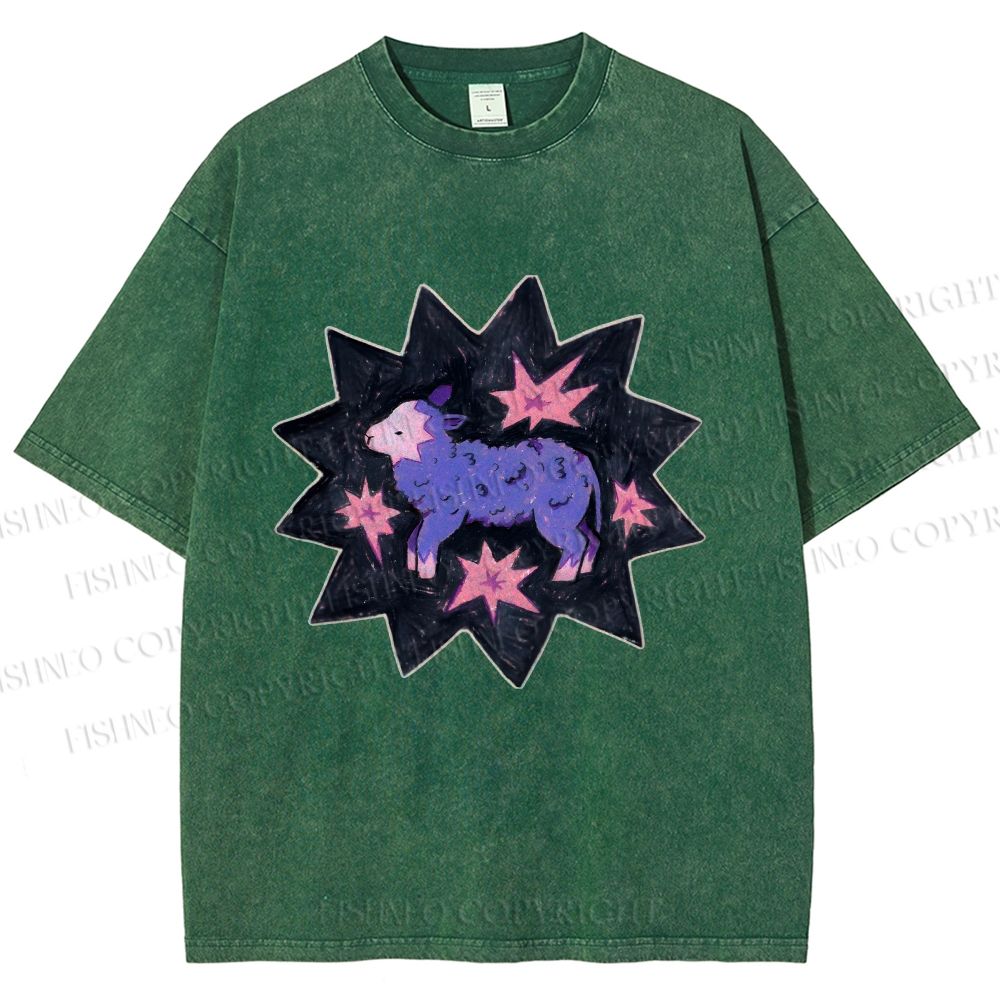 Unisex Purple Sheep Printed Washed Tee