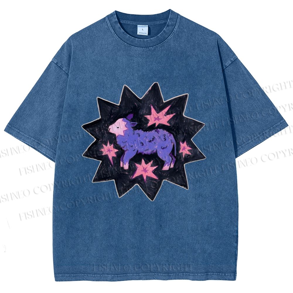 Unisex Purple Sheep Printed Washed Tee