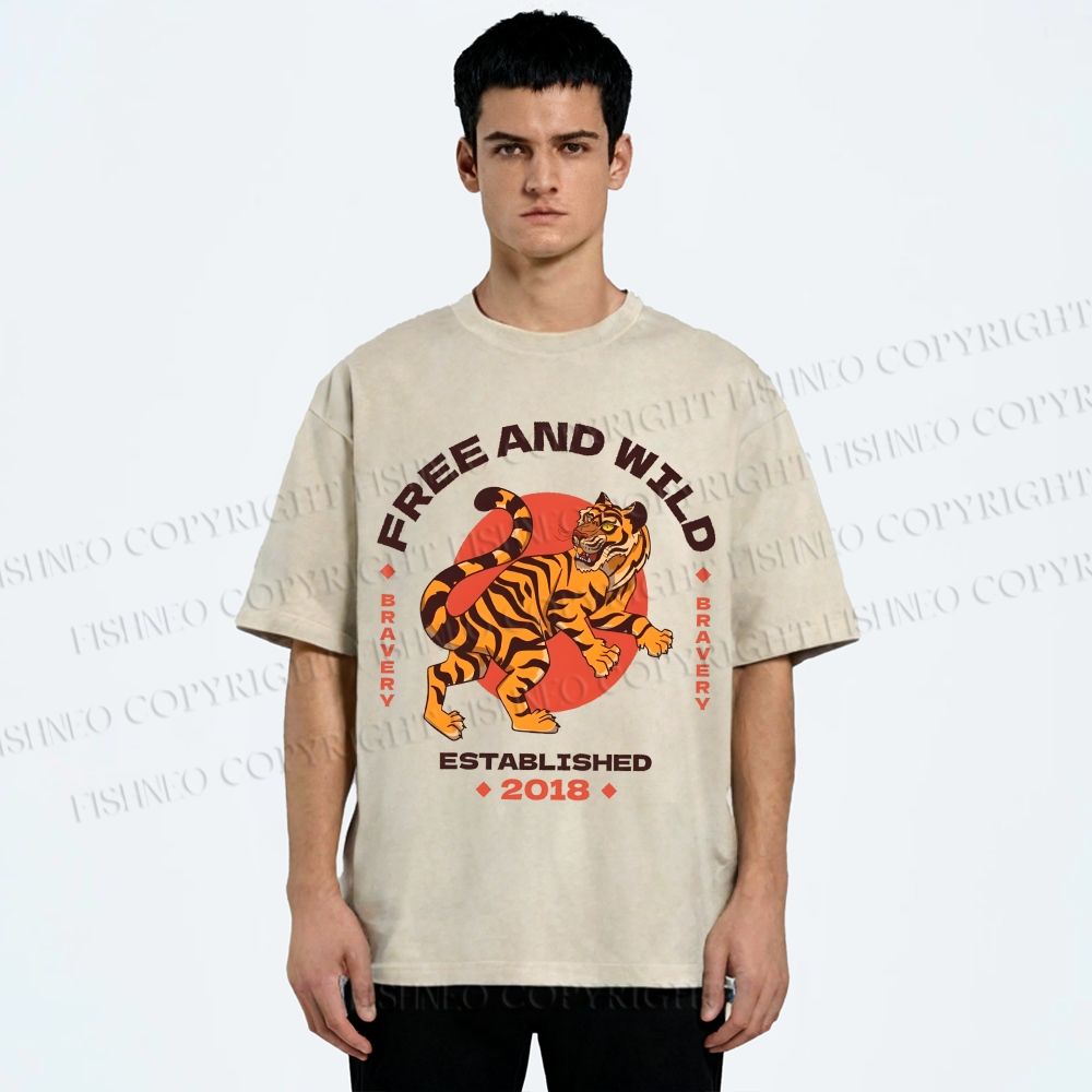 Unisex Tiger Printed Washed Tee