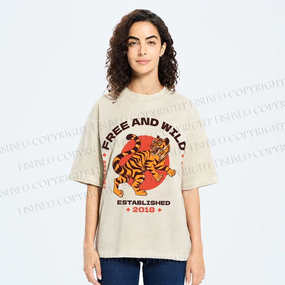 Unisex Tiger Printed Washed Tee