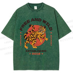 Unisex Tiger Printed Washed Tee