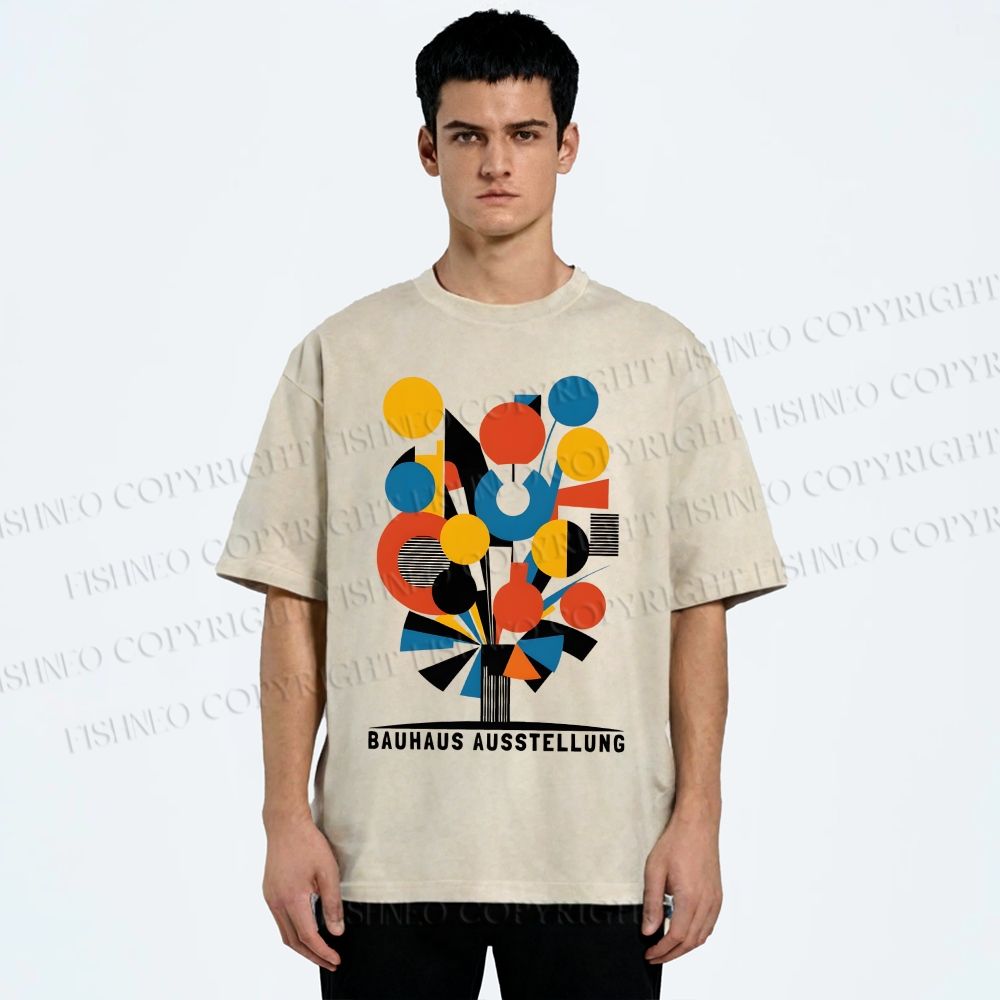 Unisex Bauhaus Geometric Flowers Printed Washed Tee