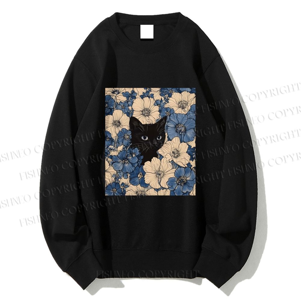 Unisex Cat & Flowers Printed Sweatshirt