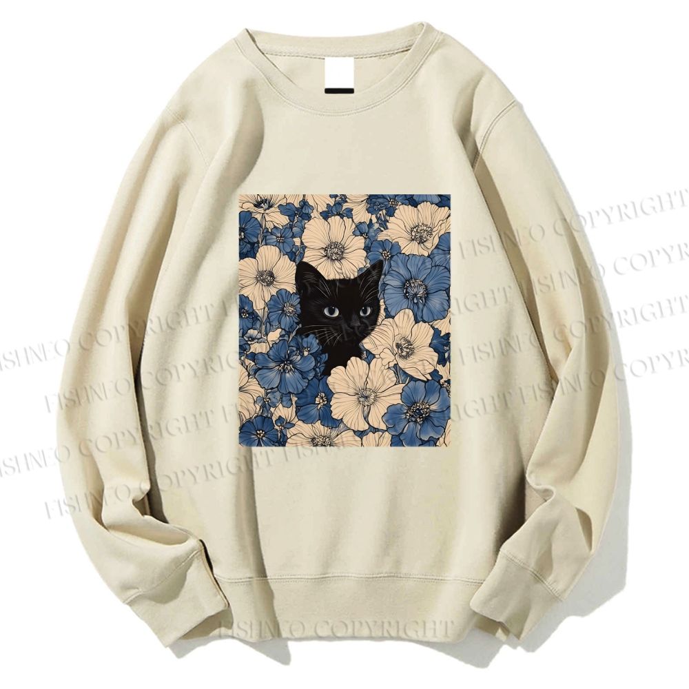 Unisex Cat & Flowers Printed Sweatshirt